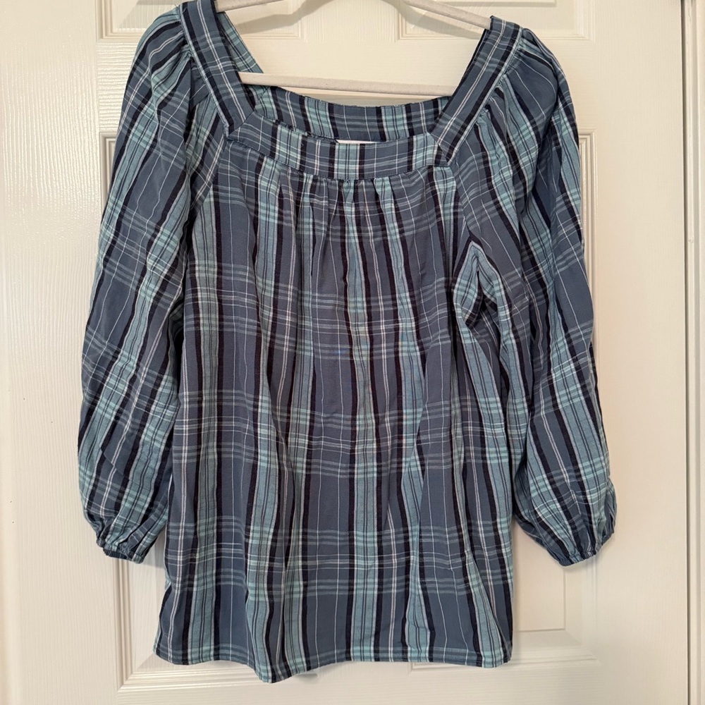 LC Lauren Conrad Blue Plaid Blouse elastic armband pleaded shoulder square neck